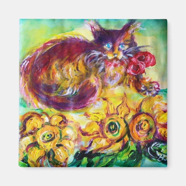 CAT WITH RED RIBBON AND SUNFLOWERS MAGNET (Front)