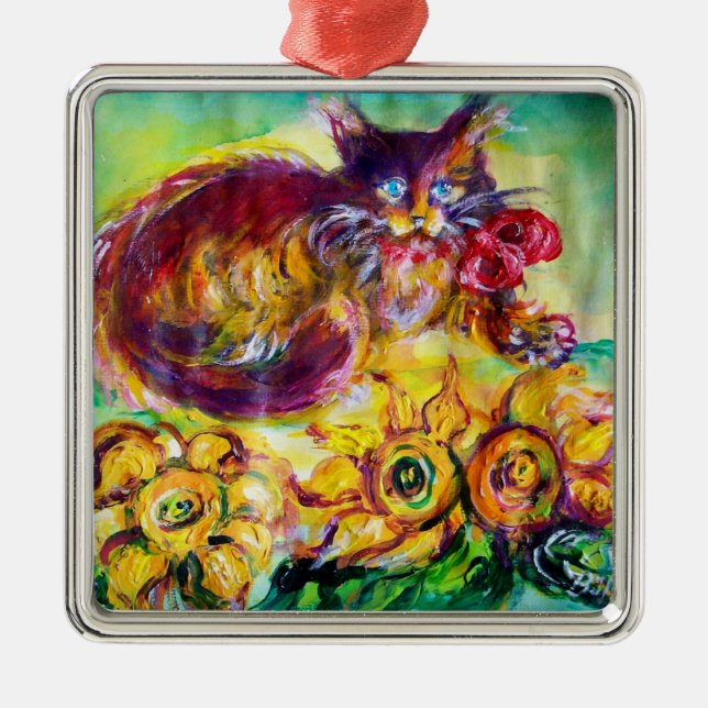 CAT WITH RED RIBBON AND SUNFLOWERS METAL ORNAMENT (Front)
