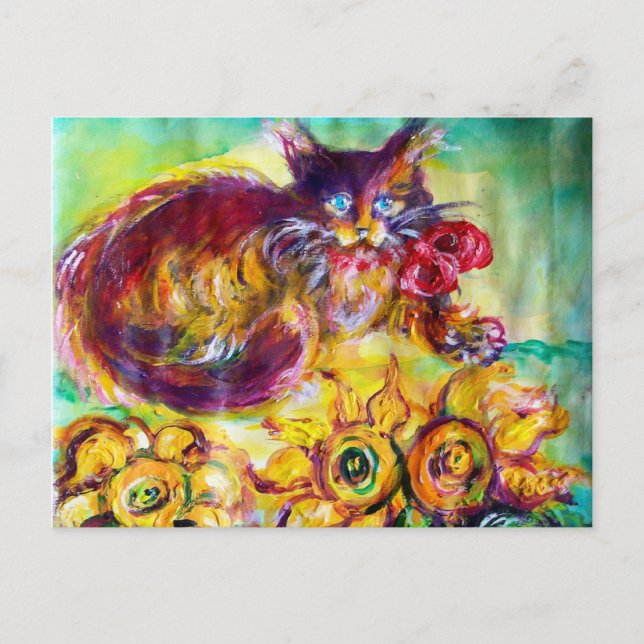 CAT WITH RED RIBBON AND SUNFLOWERS POSTCARD (Front)