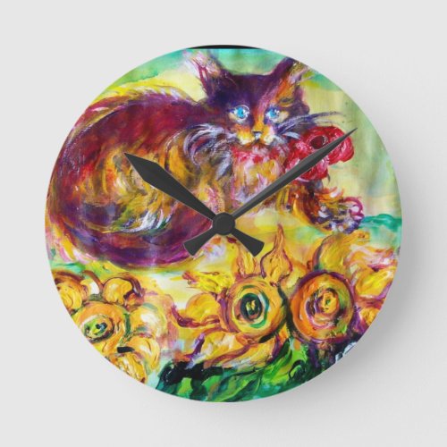 CAT WITH RED RIBBON AND SUNFLOWERS ROUND CLOCK