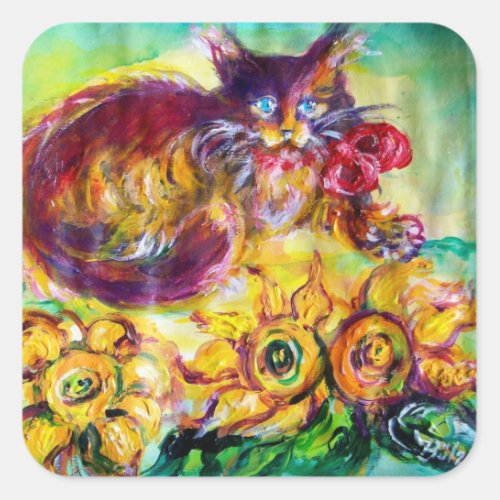 CAT WITH RED RIBBON AND SUNFLOWERS SQUARE STICKER