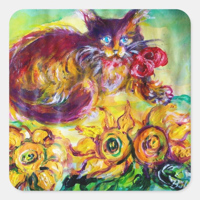 CAT WITH RED RIBBON AND SUNFLOWERS SQUARE STICKER (Front)