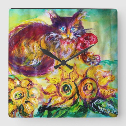 CAT WITH RED RIBBON AND SUNFLOWERS SQUARE WALL CLOCK