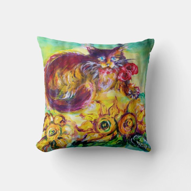 CAT WITH RED RIBBON AND SUNFLOWERS THROW PILLOW (Front)