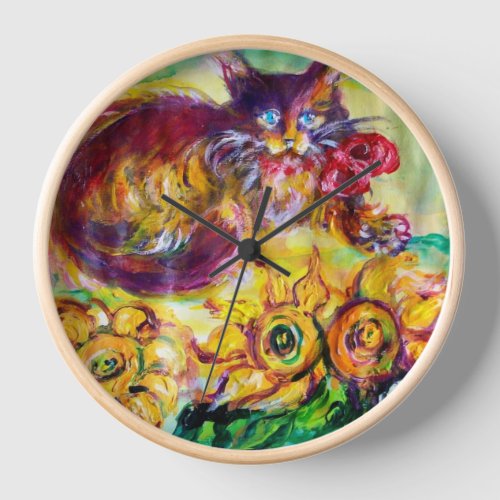 CAT WITH RED RIBBON AND SUNFLOWERS WALL CLOCK