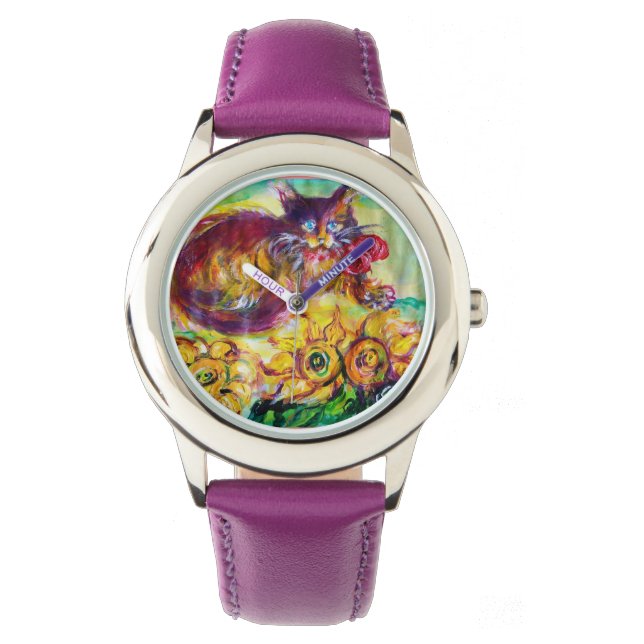 CAT WITH RED RIBBON AND SUNFLOWERS WATCH (Front)