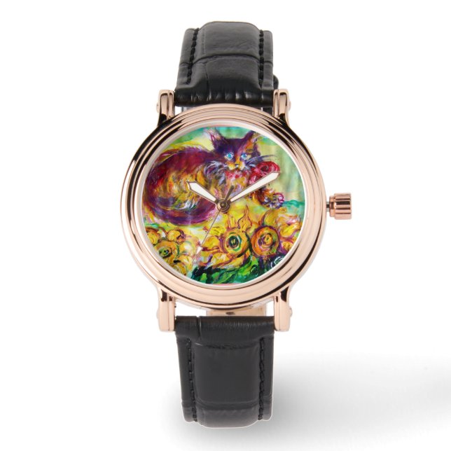 CAT WITH RED RIBBON AND SUNFLOWERS WATCH (Front)