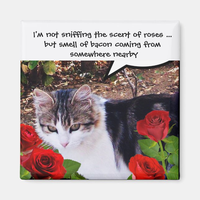 CAT WITH RED ROSES AND BACON MAGNET (Front)