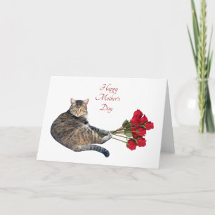 Cat with Red Roses Mother's Day Card