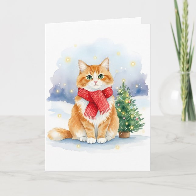 Cat with Red Scarf and Christmas Tree Watercolor Card (Front)