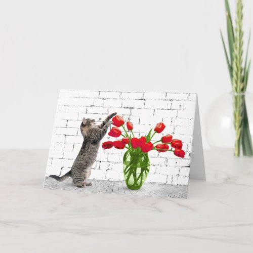 Cat with Red Tulips Birthday Card