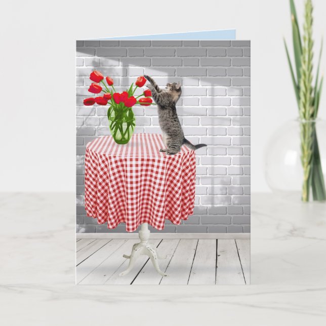 Cat With Red Tulips on Table Card (Front)