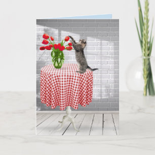 Cat With Red Tulips on Table Card