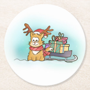 Cat with Reindeer Hat and Sleigh Christmas Round Paper Coaster
