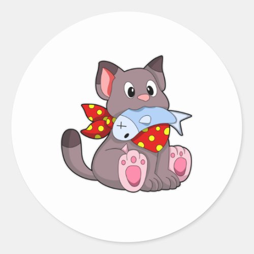 Cat with Ribbon  Fish Classic Round Sticker