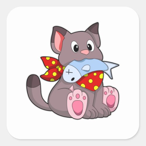 Cat with Ribbon  Fish Square Sticker