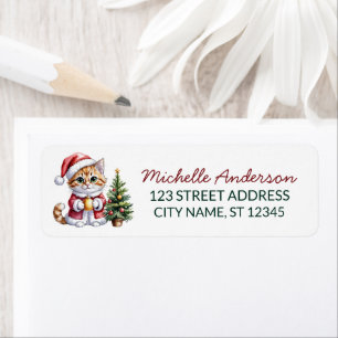 Cat with Santa Hat Christmas tree Return Address Label