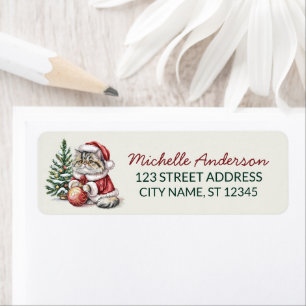 Cat with Santa Hat Christmas tree Return Address Label