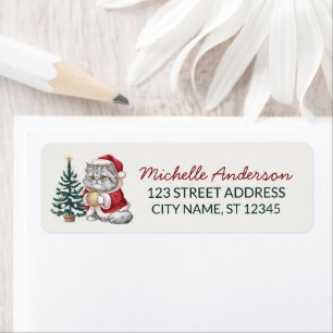 Cat with Santa Hat Christmas tree Return Address   Label
