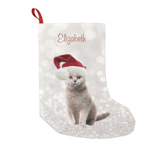 Cat With  Santa Hat Glittery Bokeh Small Christmas Stocking