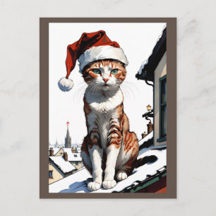 cat with santa hat on the roof postcard