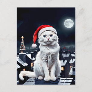 cat with santa hat on the roof postcard