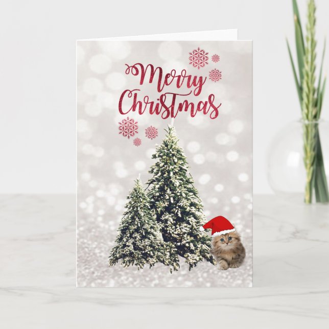 Cat With Santa Hat,Pine Trees,Glittery Bokeh Holiday Card (Front)
