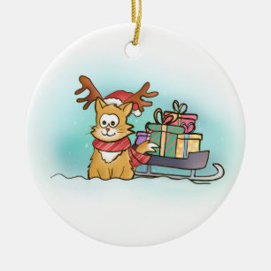 Cat with Santa Reindeer Hat delivering Presents Ceramic Ornament