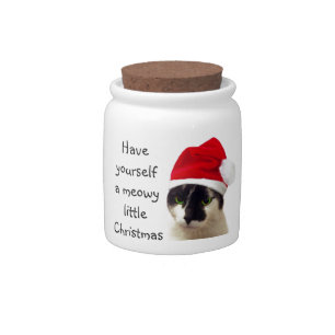 Cat with Santa's Hat Candy Jar