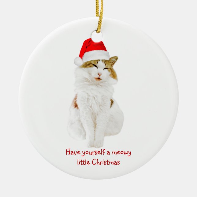 Cat with Santa's Hat Ceramic Ornament (Front)