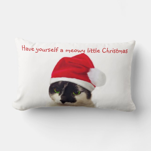 Cat with Santa's Hat Lumbar Pillow (Front)