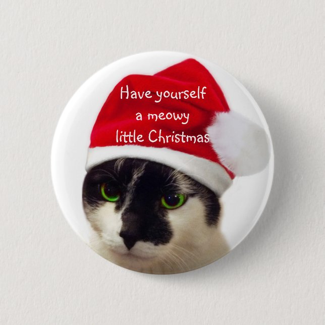 Cat with Santa's Hat Pinback Button (Front)