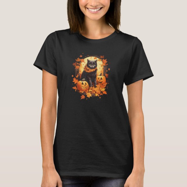 Cat With Scarf Posing with Pumpkin  Feline Autumn  T-Shirt (Front)