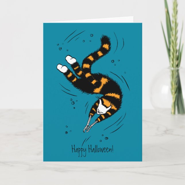 Cat With Skeleton Hands Swimming Happy Halloween Card (Front)