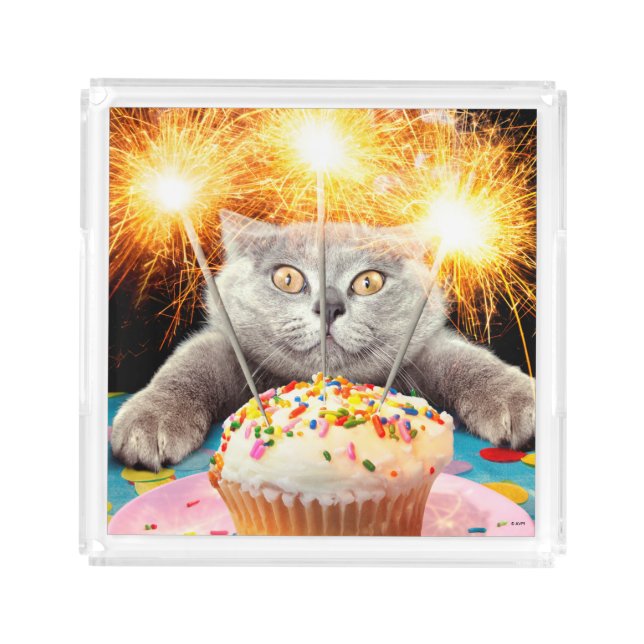 Cat With Sparkler Cupcake Acrylic Tray (Front)