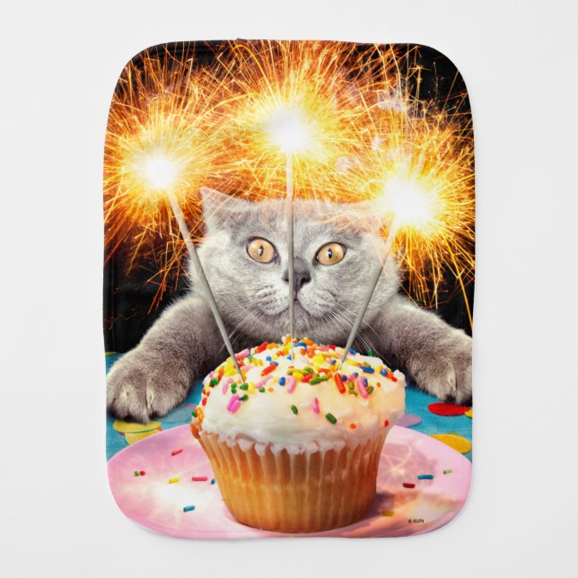 Cat With Sparkler Cupcake Baby Burp Cloth (Front)