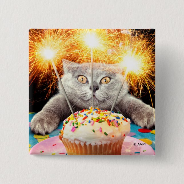 Cat With Sparkler Cupcake Button (Front)