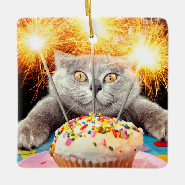 Cat With Sparkler Cupcake Ceramic Ornament (Front)