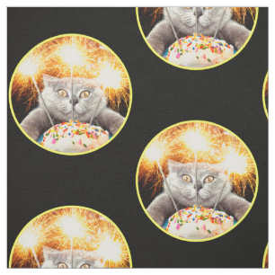 Cat With Sparkler Cupcake Fabric