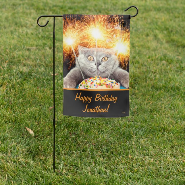 Cat With Sparkler Cupcake Garden Flag (In SItu)