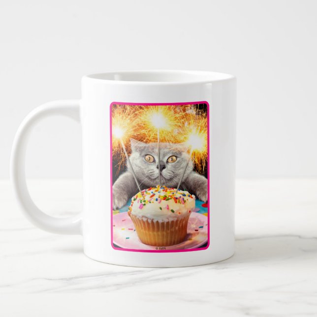 Cat With Sparkler Cupcake Giant Coffee Mug (Left)
