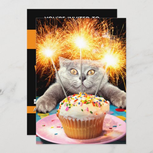 Cat With Sparkler Cupcake Invitation