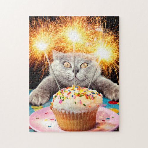 Cat With Sparkler Cupcake Jigsaw Puzzle