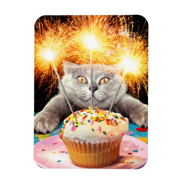 Cat With Sparkler Cupcake Magnet (Vertical)