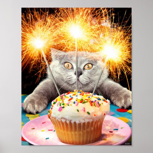 Cat With Sparkler Cupcake Poster