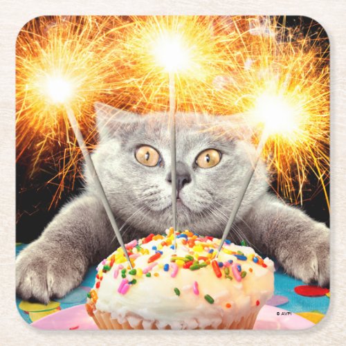 Cat With Sparkler Cupcake Square Paper Coaster