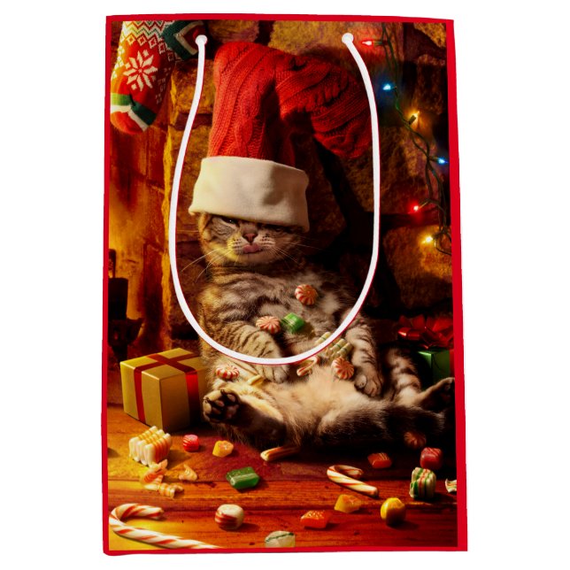 Cat With Stocking on Head Medium Gift Bag (Front)