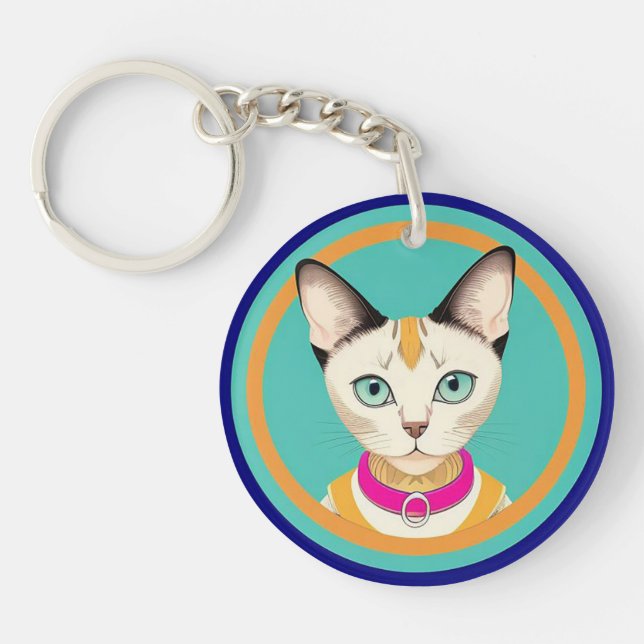 Cat With Striking Eyes by Circular Mirror Keychain (Front)