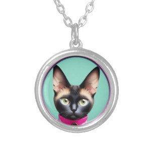 Cat With Striking Eyes by Circular Mirror Silver Plated Necklace
