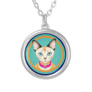 Cat With Striking Eyes by Circular Mirror Silver Plated Necklace